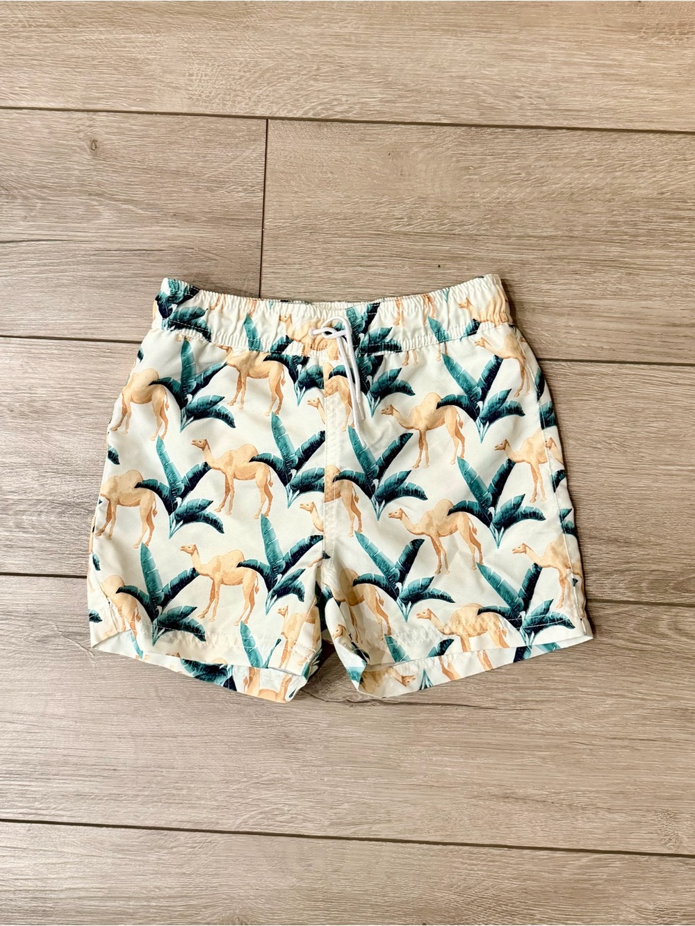Little boys Janie and Jack Camel & Palm Print Swim Trunks - Cream Background 5